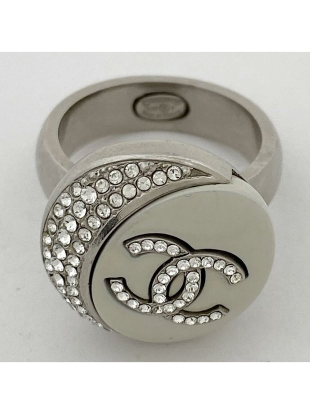 Chanel Coco Mark Rhinestone Ring Moon CC 11.5 Silver Plated - Picture 2 of 6